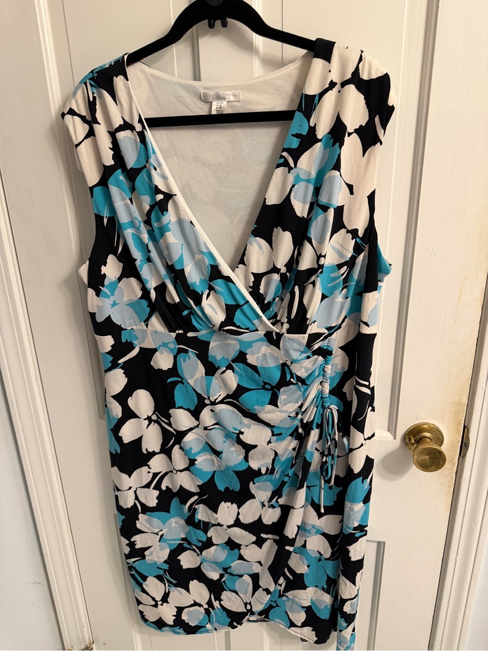 London Times Black, White & Teal Floral Wrap Dress
